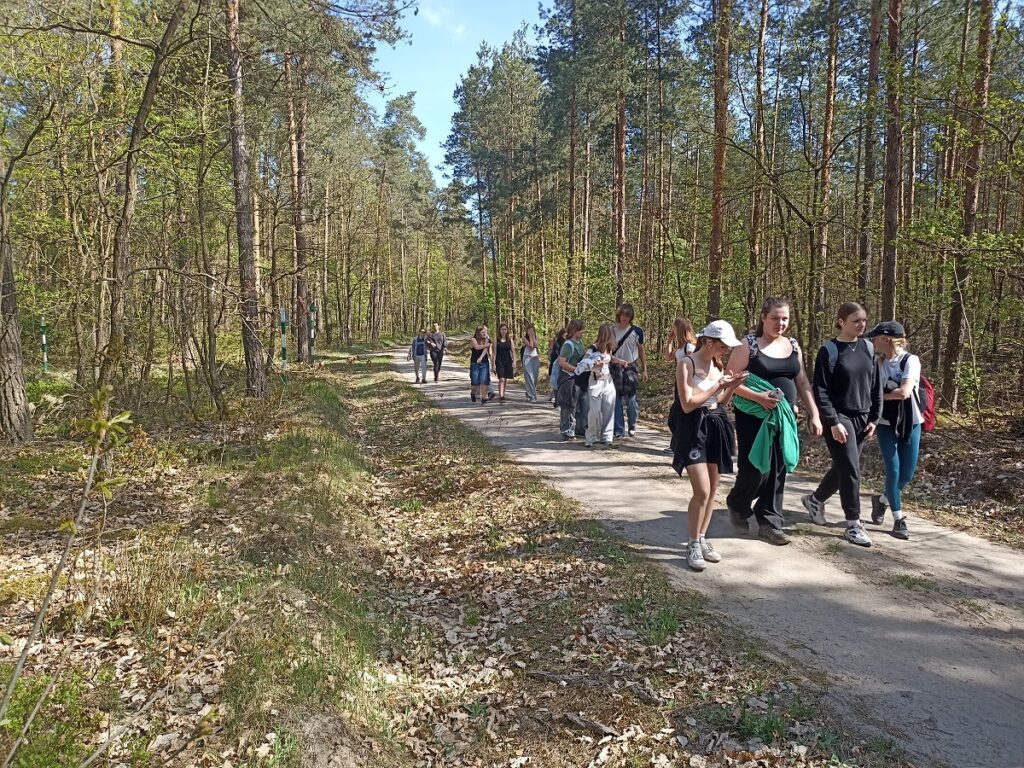 Grupa idących uczniów z PSP 3 Kozienice podczas rajdu pieszego do "Królewskich Źródeł"