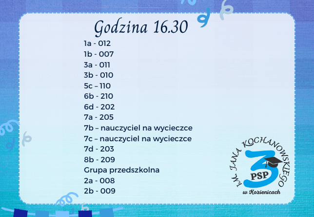Na zdjęciu znajduje się wykaz godzin, sal oraz klas podczas spotkania z rodzicami.
