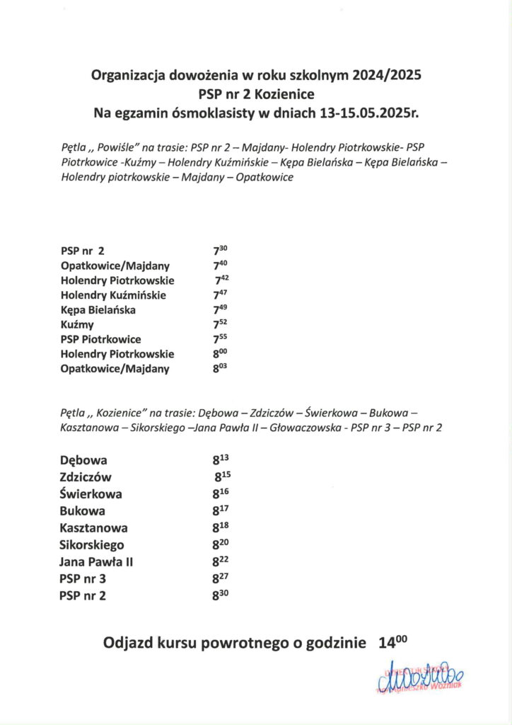 Organizacja dowożenia w dniach 13-15 maja