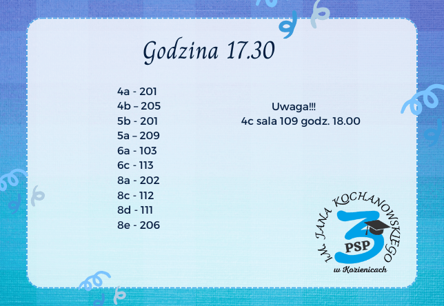 Na zdjęciu znajduje się wykaz godzin, sal oraz klas podczas spotkania z rodzicami.