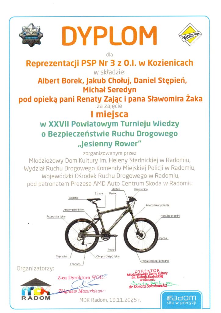 Dyplom dla PSP 3 Kozienice za zajęcie I miejsca w XXVII Powiatowym Turnieju Wiedzy o Bezpieczeństwie Ruchu Drogowego "Jesienny rower"