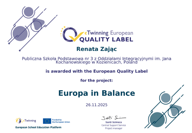 Europejska Odznaka Jakości za realizację projektu w ramach programu eTwinning dla PSP nr 3!
